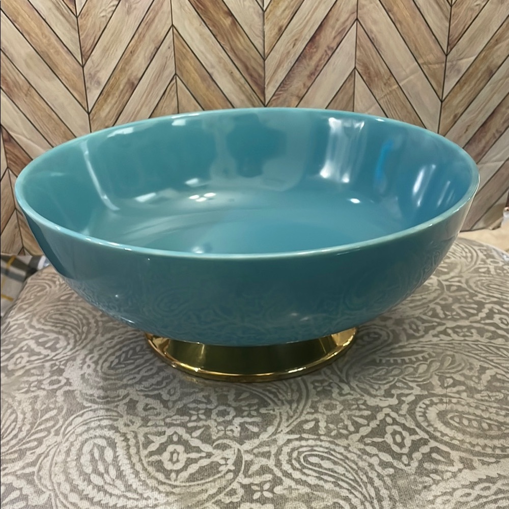 VINTAGE‎ Homer Laughlin Mid Century modern turquoise Blue Gold Serving Bowl 10”